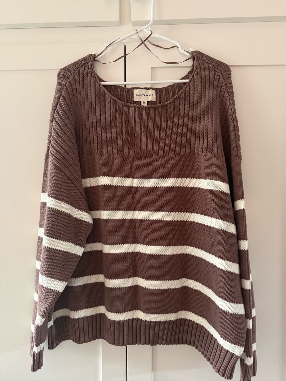 NWOT Lucky Brand XXL Brown Cream Striped Relaxed Distressed Oversized Knit